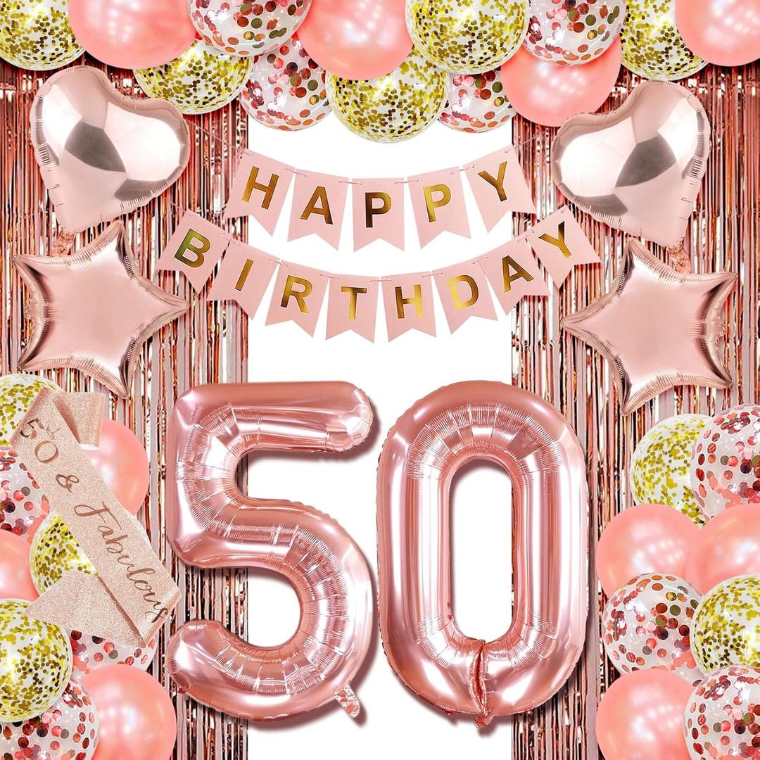 Rose Gold 50th Birthday Decorations for Her - Party Decor with Fifty Birthday Theme
