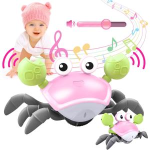 Plnmlls Crawling Crab Baby Toy - Tummy Time Toys - with Music and LED Light, Built-in Rechargeable Battery and Volume Can be Turned Off for 0-6 6-12 12-18 36 Months Walking Toddler Birthday Gift(Pink)