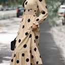 Women's Autumn Dress Long-Sleeved v-Neck Cinched Waist Elegant Large Polka Dot Long Dresses (Beige, M)