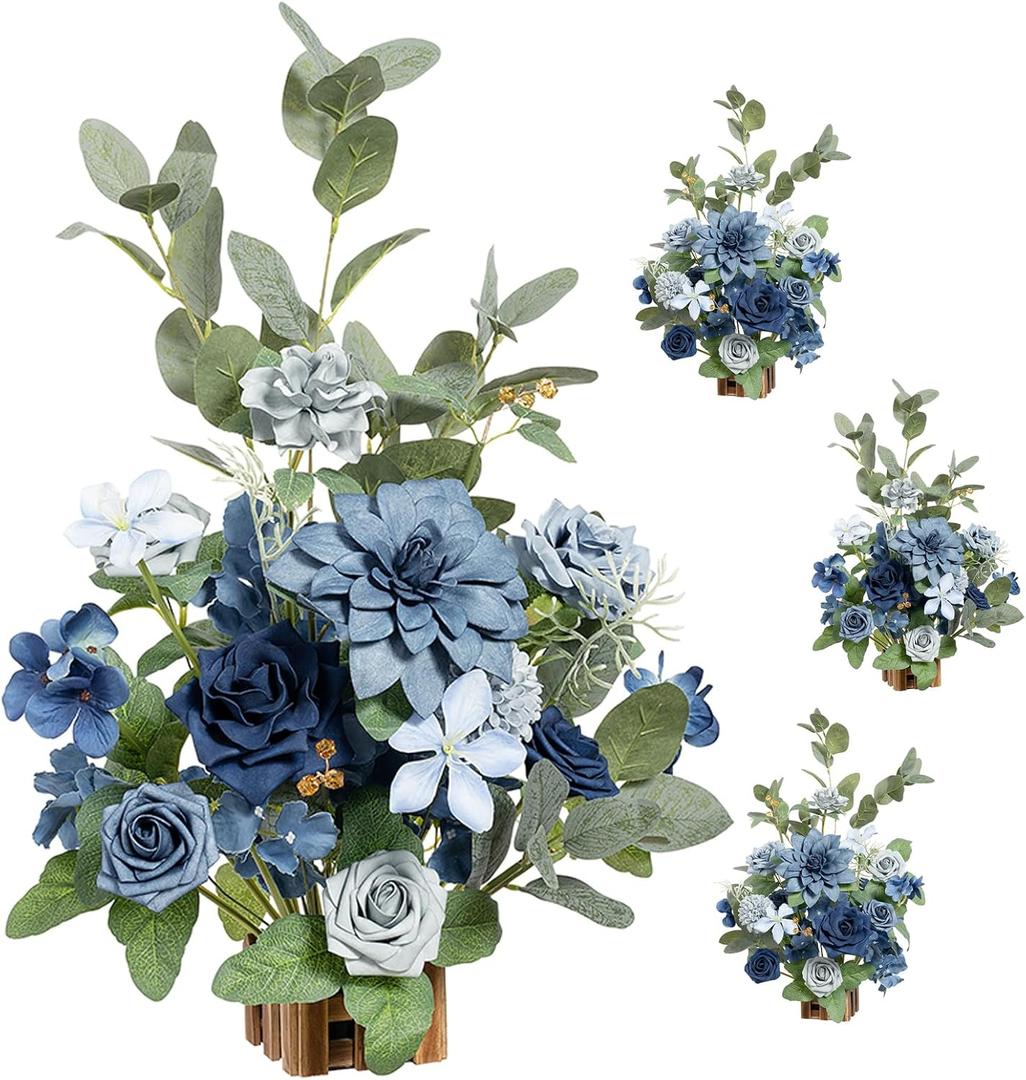 Ling's moment 17.5" Tall Standing Artificial Flowers Arrangements 4pcs Fall Wedding Aisle Runner Chair Decorations Dusty Blue & Navy Centerpieces for Ceremony Reception Rose Floral Party Outdoor