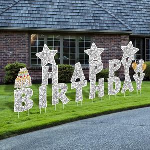 Jetec 18 Pieces Happy Birthday Yard Signs with Stakes, 16 Inches Birthday Outdoor Lawn Signs, Cake Balloon Patio Decorations, Garden Lawn Decorations for Party Outdoor Decor(Silver)