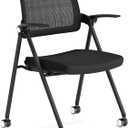 FYLICA Stackable & Foldable Office Chair, Folding Desk Chair with Flip-Up Armrest, Breathable Mesh, Thick Seat Cushion & Rocking Backrest, Conference Room Chair with Wheel (Black1)
