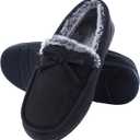 DL Men's Moccasin Slippers - Indoor & Outdoor, Suede Mens House Slippers with Memory Foam, Faux Fur Lining, Non Slip Outsole (8, Black)