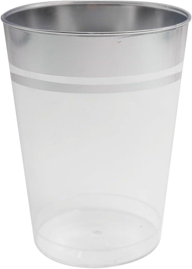 Party Essentials Disposable All-Purpose 10 oz Plastic Tumblers Drinking Cups for Wine/Sparking/Appetizer/Dessert, 50-Count, Clear with Silver Rim