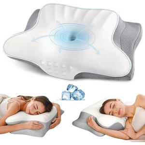 Cervical Neck Pillow for Pain Relief - Ergonomic Memory Foam Pillows for Sleeping, Cooling Side Sleeper Pillow for Neck Support, Contour Orthopedic Bed Pillow for Back Stomach Sleepers (White + Grey)