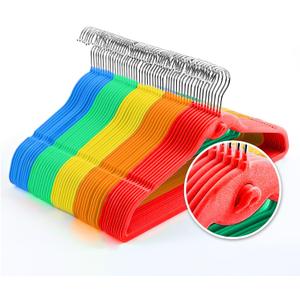 Multi-Color Premium Velvet Hangers with Mini Hooks, Pack of 50, Non Slip, Space Saving Cascading Clothes Hangers, Rainbow Colors, Red, Orange, Yellow, Green, Blue