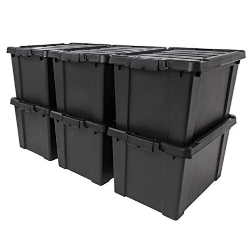 IRIS USA 20 Gallon Lockable Storage Bins with Lids, 6 Pack - Made in USA, Heavy Duty, Stackable Containers, Garage Organizing Bins Moving Tubs, Rugged Sturdy Equipment Utility Box - Black