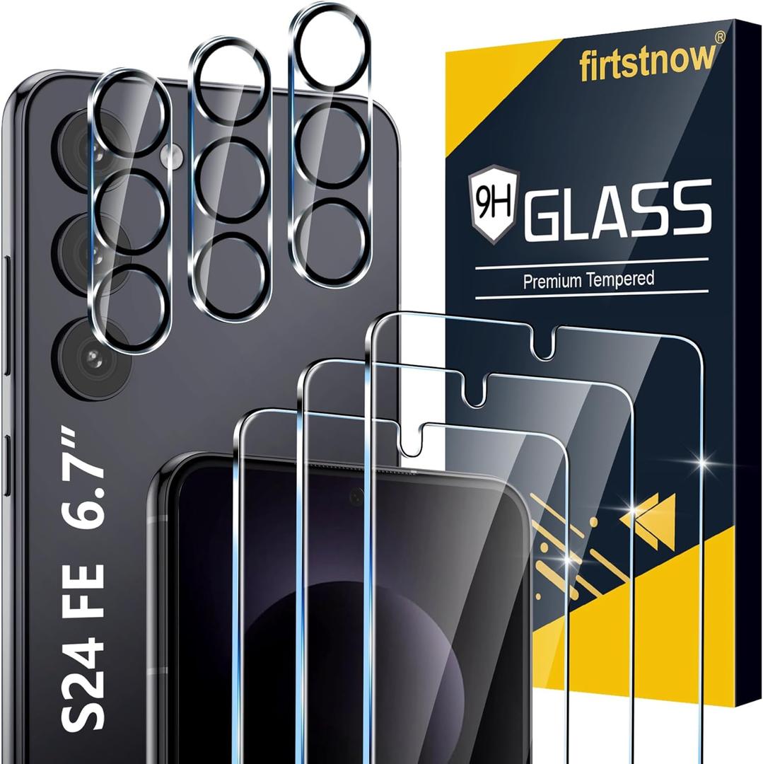 firtstnow 3 Pack for Samsung Galaxy S24 FE Screen Protector Tempered Glass + 3 Pack Camera Lens Protector, Military Grade Shatterproof, 9H Hardness, Fingerprint Unlock, Case Friendly 6.7 Inch