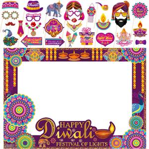31Pcs Diwali Photo Booth Props, India Festival of Lights Photo Booth Frame Diwali Photo Booth Props for Deepavali Festival of Lights Party Decorations Supplies