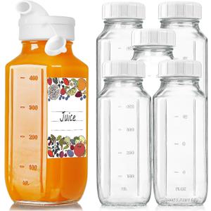 6 Pack 16 Oz Glass Juice Bottles with Pour Spout, 100% Airtight Heavy Duty SCREW Lid- Reusable Glass Milk Bottles w Capacity Mark, Square Drinking Jar Juice Container Breast Milk Pitcher(Extra 2 Lid)