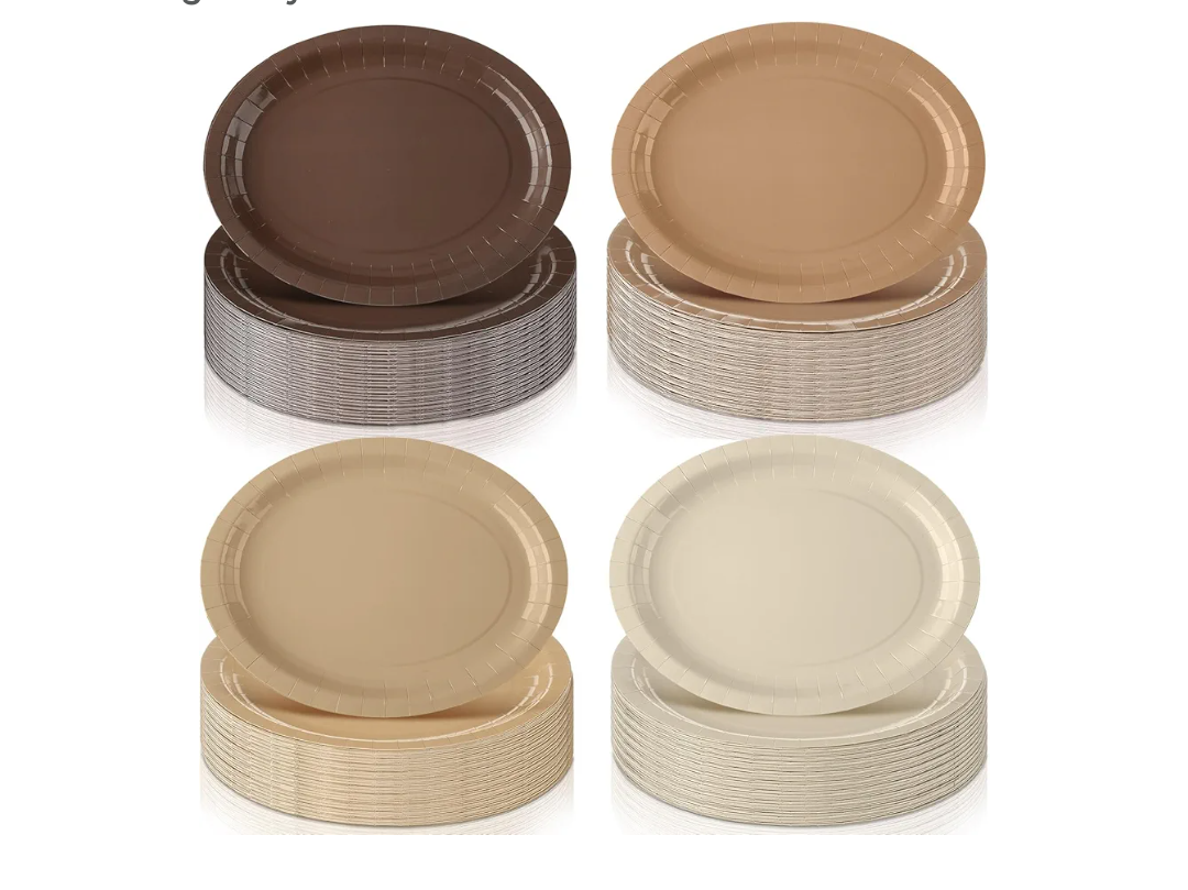 Geyoga 48 Pcs Brown Plates 10 x 12 Large Disposable Heavy Duty Party Paper Dessert Dinner Plates for Birthday Wedding Baby Shower