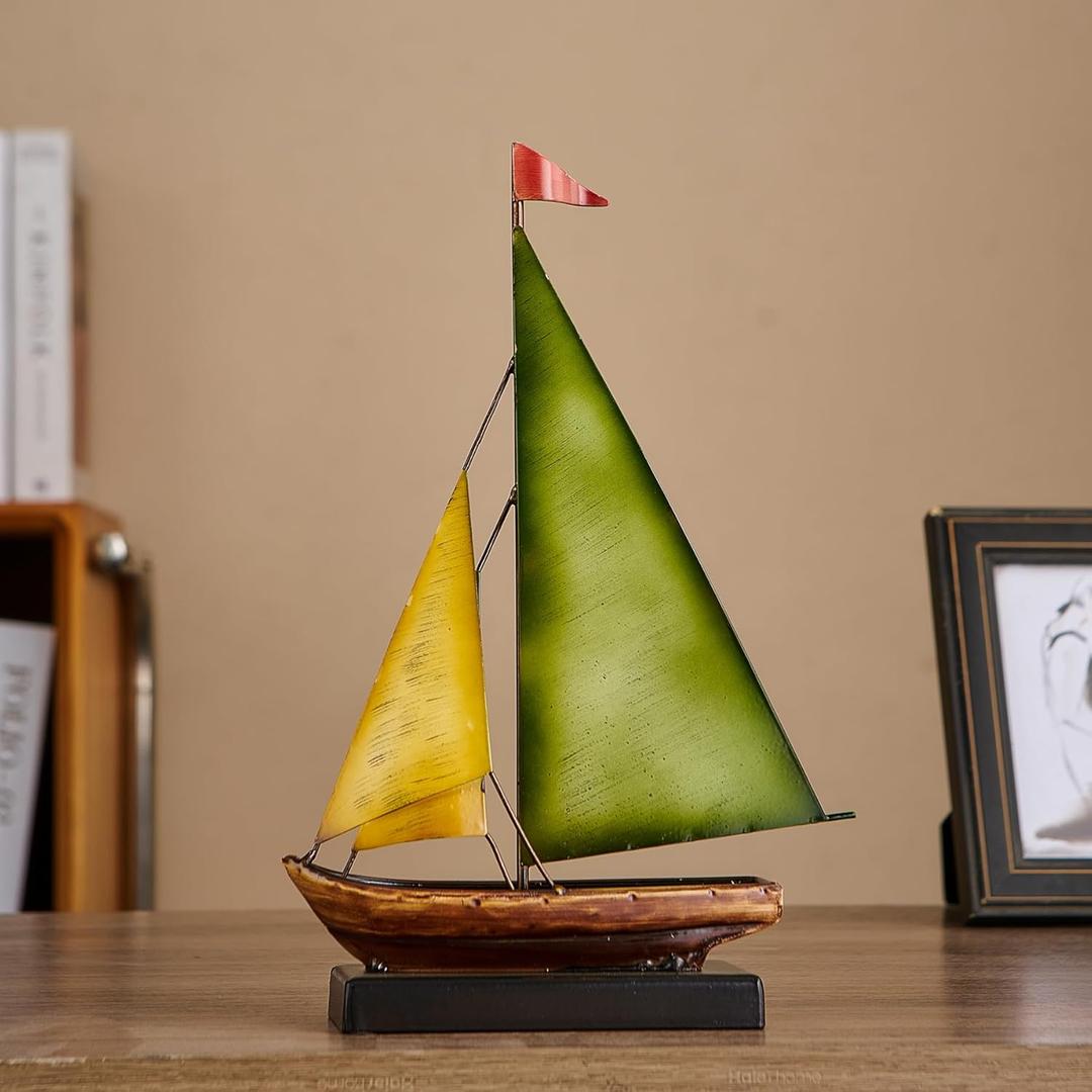 Vintage Sailboat Statue Decor for Living Room, Metal Boat Sculptures Decorations for Dining Room Office, Nautical Home Décor Accents for Shelf Bookshelf Coffee Table TV Stand (Yellow and Green)