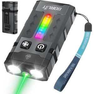 BORUIT EV20L LED Rechargeable Small EDC Flashlight with Green Beam,Pocket Keychain Flashlights with RGB Side Light,IP66 Waterproof,Clip & Tail Magnet for Outdoors Emergency Camping,Aluminum Black