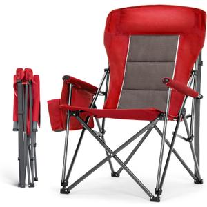 HIGH POINT SPORTS Oversized Folding Camping Chairs for Adults, High Backrest Heavy Duty Lawn Chairs Support 500 LBS Portable Collapsible Camp Chairs with Cup Holders,Side Pocket, Red (Single Pack)