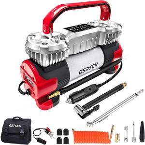 GSPSCN 6X Faster Inflation Digital Dual Cylinder Portable Air Compressor,12V Metal Tire Inflator w/Adapter & Pencil Pressure Gauge 150PSI LED LightHeavy Duty Air Pump for Car,Truck,SUV,ORV,RV,Balls