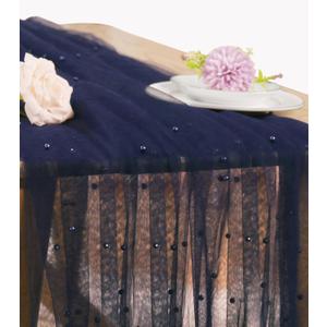 Pearl Table Runner 29 x 120 Inch Tulle Fabric Lace Table Runners for Bridal Shower Birthday Party Wedding Arch Dessert Table Decor(1 Pack, Navy Blue)