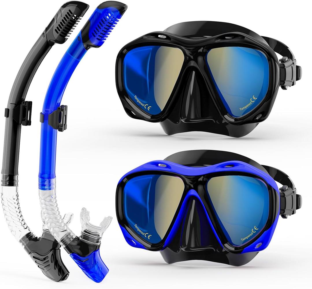 Snorkeling Gear for Adults, Dry Snorkel Mask Set Blue Electroplated Wide View Anti-Fog Scuba Diving Mask Goggles, Professional Snorkel Gear with Carry Bag for Adults Swimming, Diving