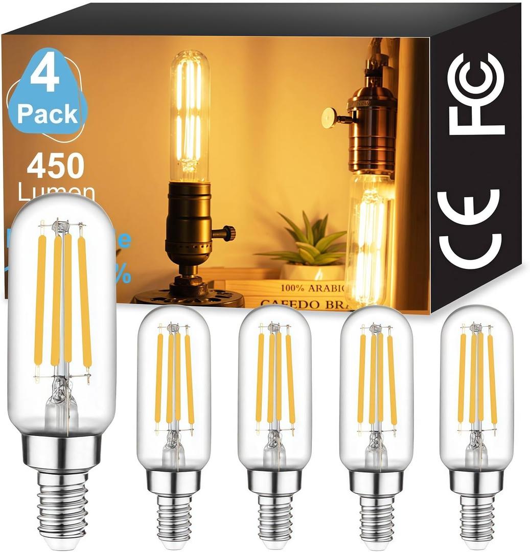 Vinaco T25 Light Bulb, 4 Pack Dimmable T6 E12 LED Bulb Clear Glass CRI85+, 450LM 2700K Warm White 4W, Equivalent 40W, E12 Base, No Flicker T6 Candelabra Bulb for Chandeliers, Ceiling Fan, Pendant