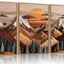 KAIRNE Mountain Framed Canvas Wall Art Set, Wooden Mountain Themed Wall Decor, Woodcut Pine Tree Scene Wall Painting, Vintage Forest Landscape Art Prints for Living Room, Bedroom, Office 24"x36"x3