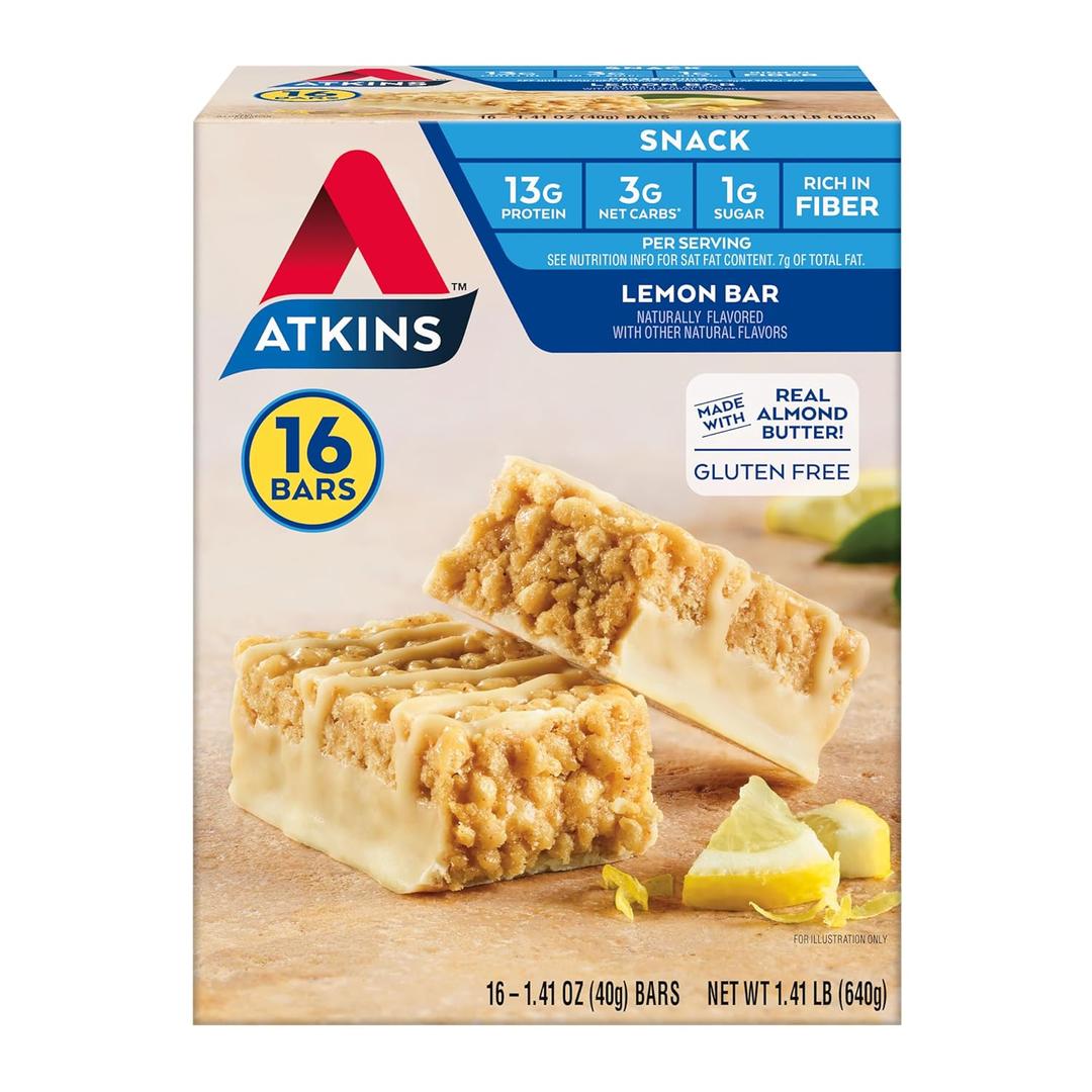2 x Atkins Lemon Flavored Snack Bar, High Protein Bar, Low Sugar and Low Carb, Keto Friendly Snack, Gluten Free, High in Fiber, Made with Real Almond Butter, 16 Count (EXP 03/04/26)