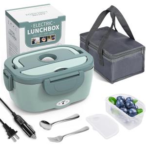 Electric Lunch Box Food Heater, 3 in 1 Ultra Quick Heated Lunch Boxes for Adults, 12V/24V/110V Portable Food Warmer for Car/Truck/Office With Fork Spoon and Insulated Carry Bag