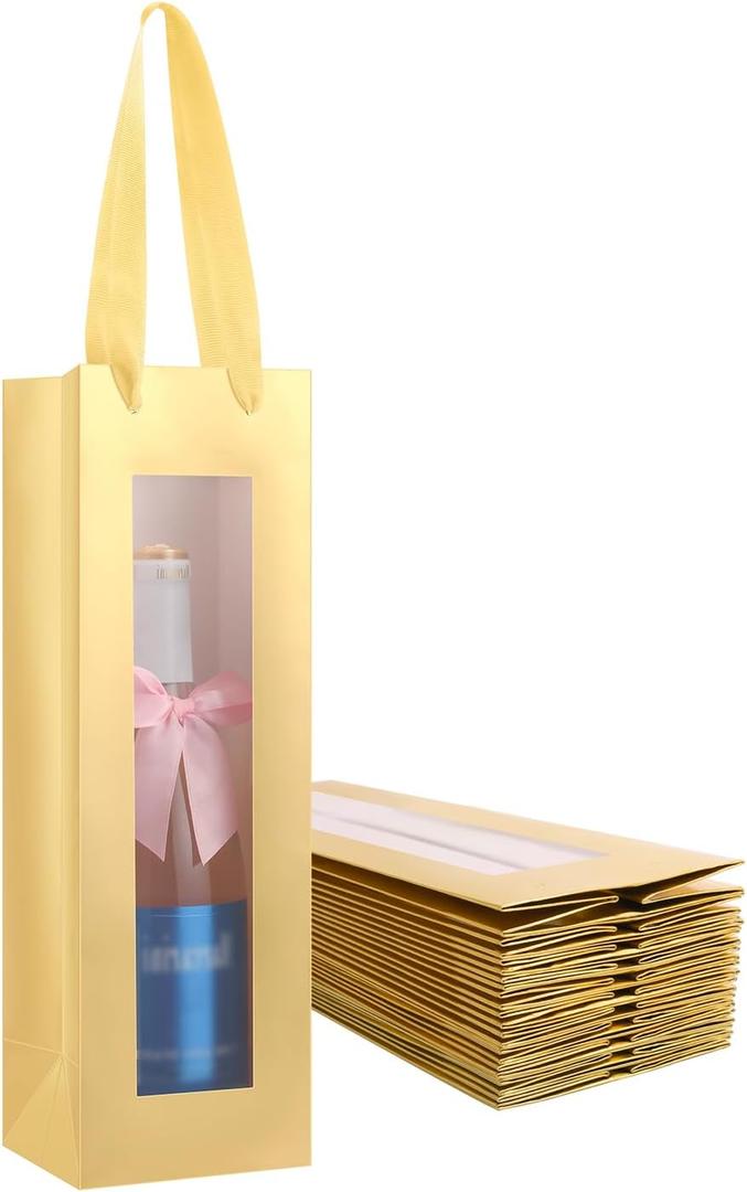 PACKQUEEN 12 Wine Gift Bags with Windows 15x4.7x4.4 Inches, Gold Bottle Gift Bags with Handles for Liquor and Champagne, Wine Bag Bulk for Valentine's Day, Birthdays, Weddings, Father's Day and Holidays, Glossy Gold