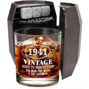 85th Birthday Gifts for Men, Vintage 1941 Whiskey Glass Set in Barrel Box, 85 Year Old Gift Ideas for Him Husband Dad, Rock Glass for 85th Birthday Decorations & Wedding Anniversary (EXP 12/31/26)