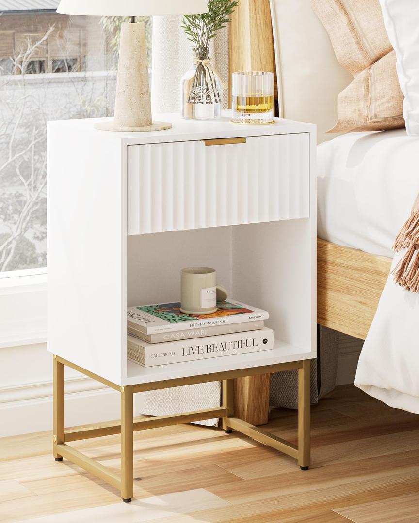 Masupu White Nightstand, Fluted Night Stand, Wood Bedside Table with Storage Drawer, Modern Side End Table for Bedroom, Living Room, White
