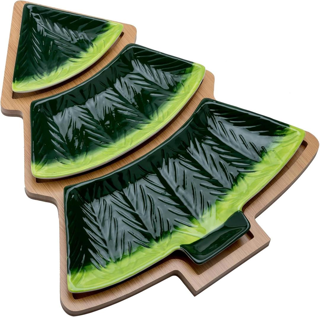 Christmas Tree Tray Set - 3-Piece Ceramic Christmas Tree Serving Trays with Wooden Base - Perfect Holiday Party Platter for Christmas Festive Decor and Entertaining