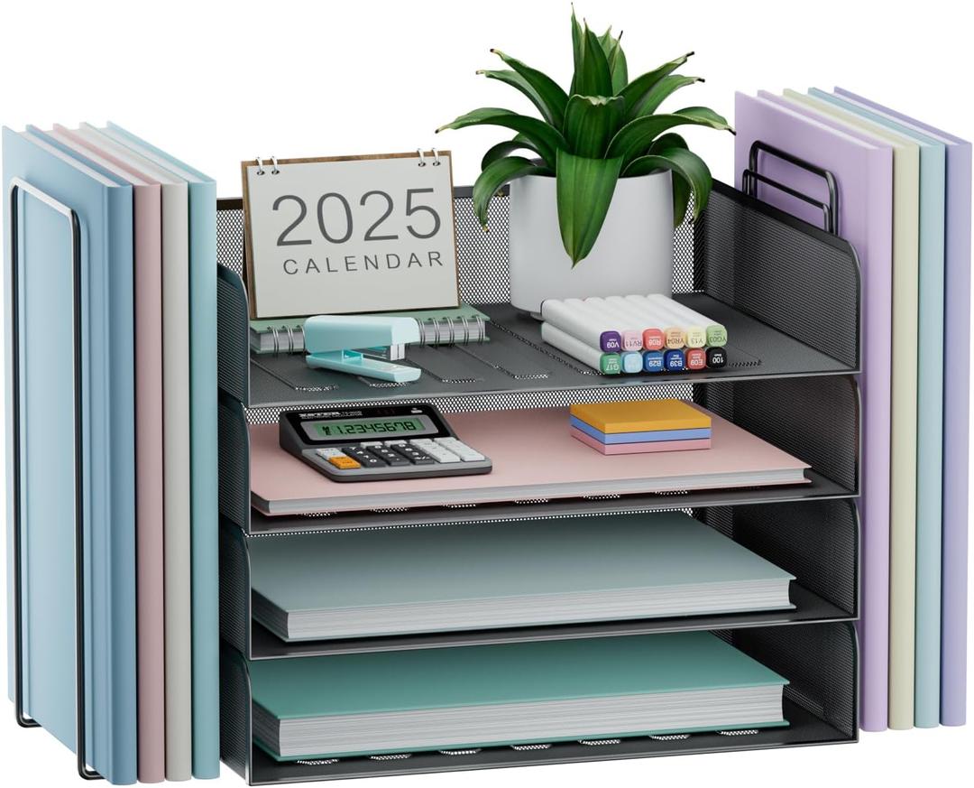 4 Tier Stackable Paper Tray Organizer for Desk, Office Desk Accessories, Paper Sorter Organizer for Letter/A4 Office File Folder Holder (Black, 19.2" x 9.7" x 10.2") (Landscape)