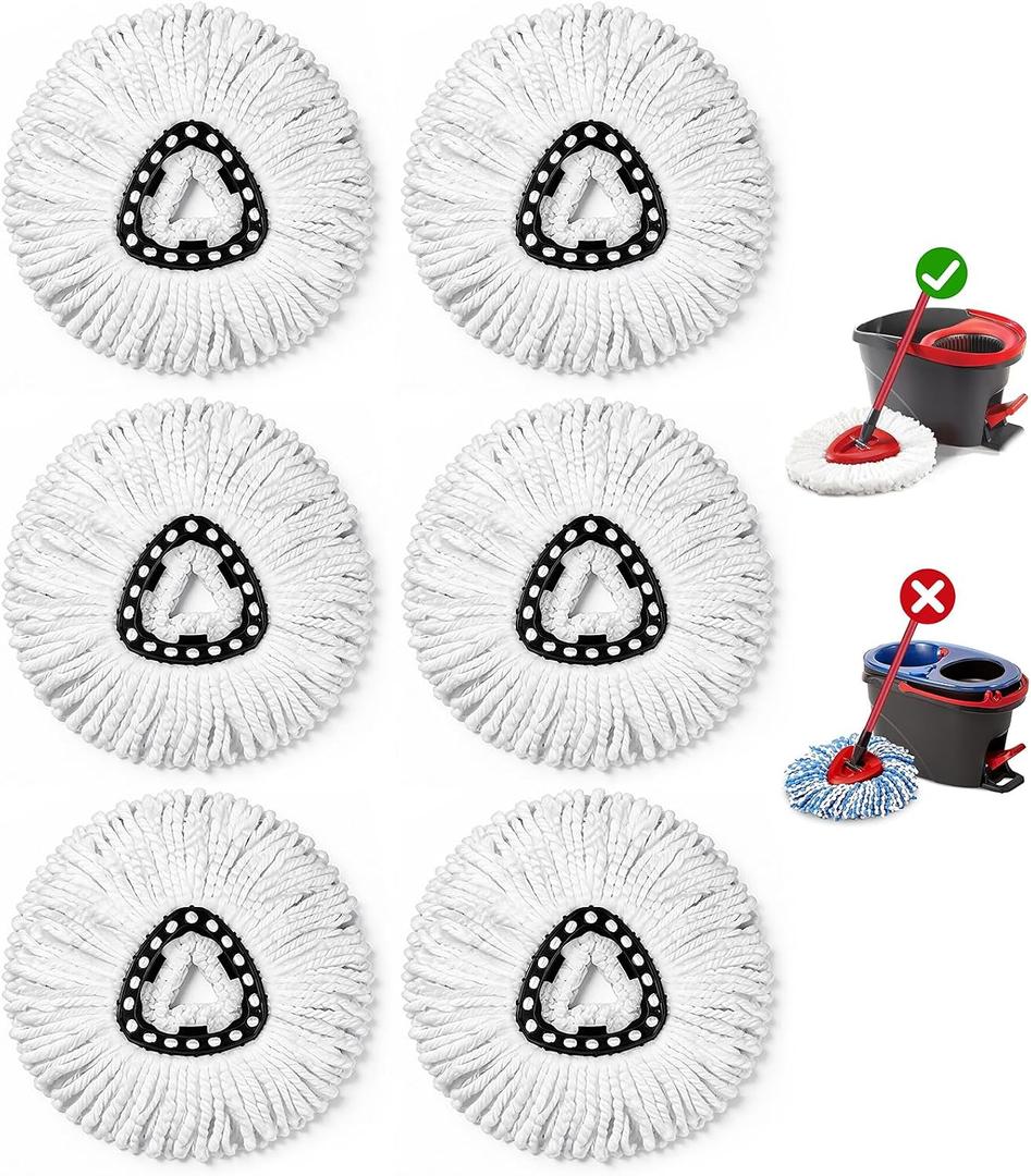 6 Pack Spin Mop Head Replacement for O-Ceda Easy Wring 1-Tank System, Microfiber Mop Refills, 360 Swivel, Deep Cleaning, Machine Washable & Easy to Replace (White)