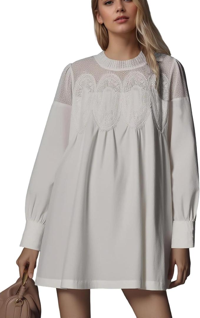MISSACTIVER Floral Crochet Mini Dress for Women Sheer Lace Mesh Crew Neck Long Sleeve Pleated A Line Shirt Dresses (White, L)