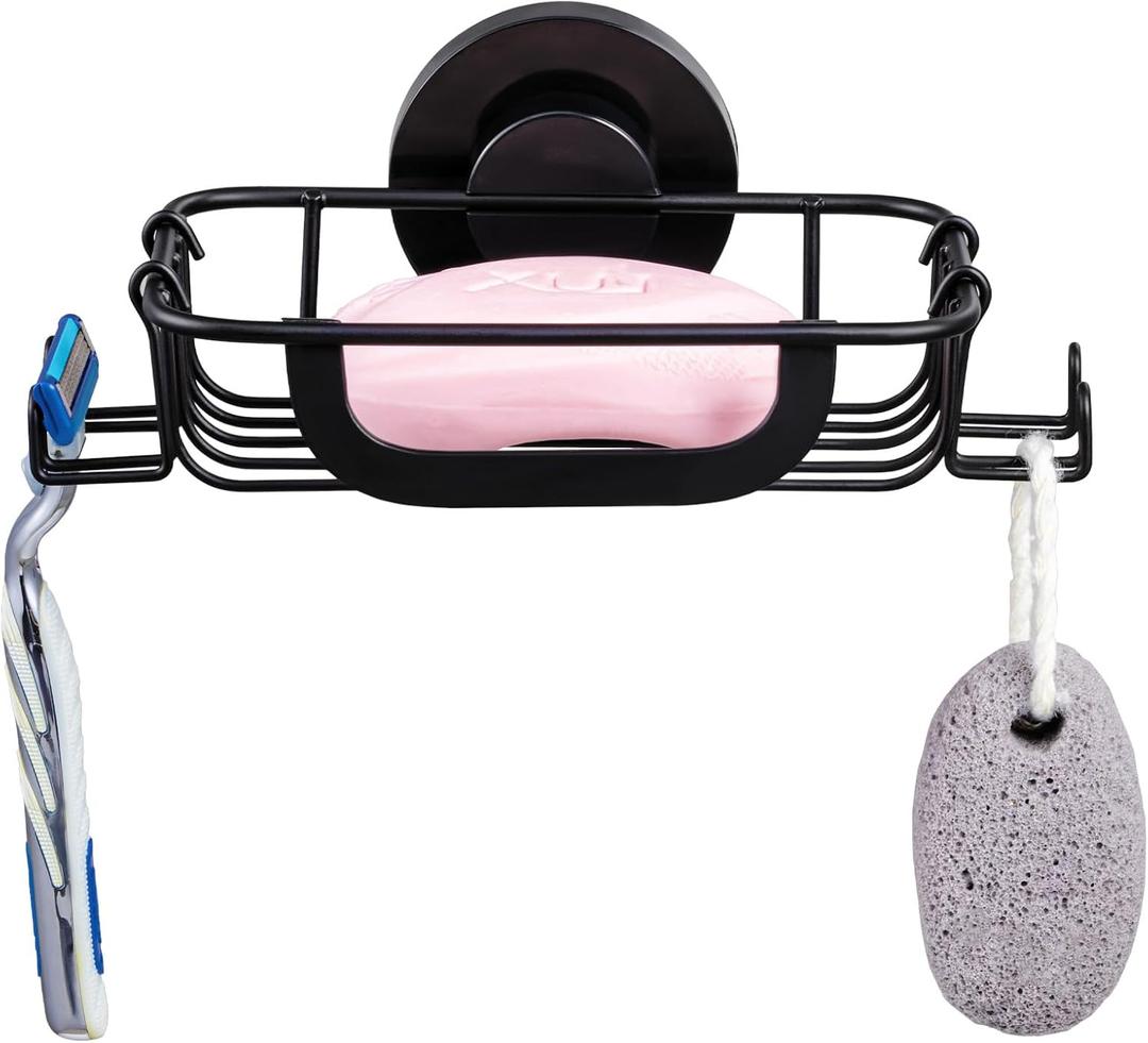 Soap Dish Bar Soap Holder Suction Cup with 4 Hooks, Stainless Steel Sponge Saver Tray for Shower Wall, Bathroom, Kitchen, Removable Rustproof Drill-Free, Black (Black-1 Tier)
