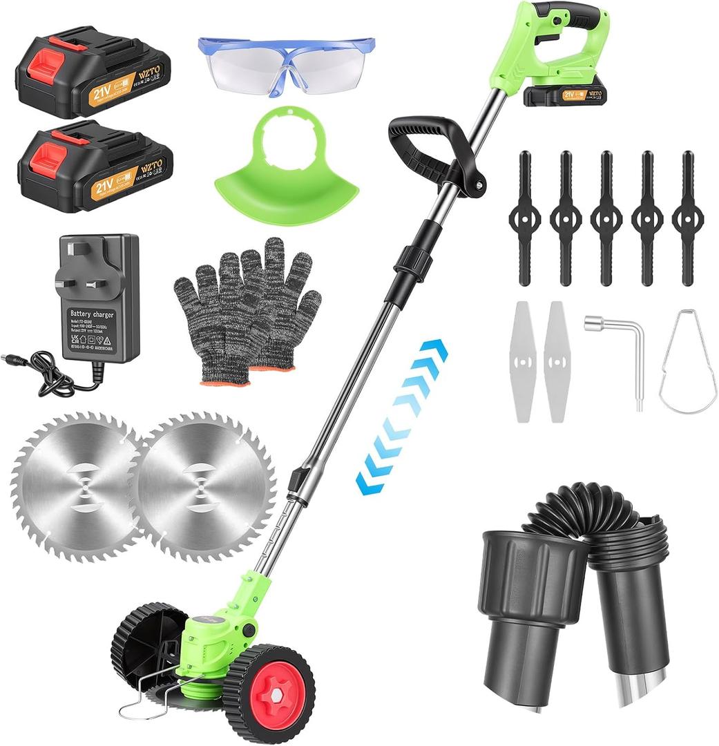 Cordless Garden Strimmer, 21V Electric Grass Trimmer 2x2.0Ah Battery Strimmer Metal Blade Cordless Strimmer, Telescopic Lightweight Grass Cutter Electric Weed Wacker for Clearing Weeds Flower Lawn