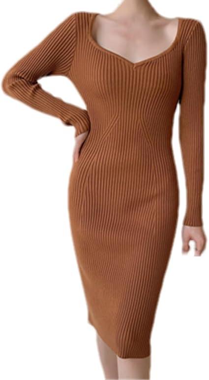 Women Autumn Long Sleeve Skinny Midi Dress Basic Solid Knitted Female Sweater Dress Size M Coffee
