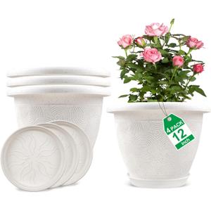 Plastic Flower Pots Planters for Indoor Plants, 4 Pack 12 Inch White Plant Pots with Drainage Hole & Tray, Modern Decorative Large Plant Pot with Saucer for Indoor Outdoor Plants Garden House Planter