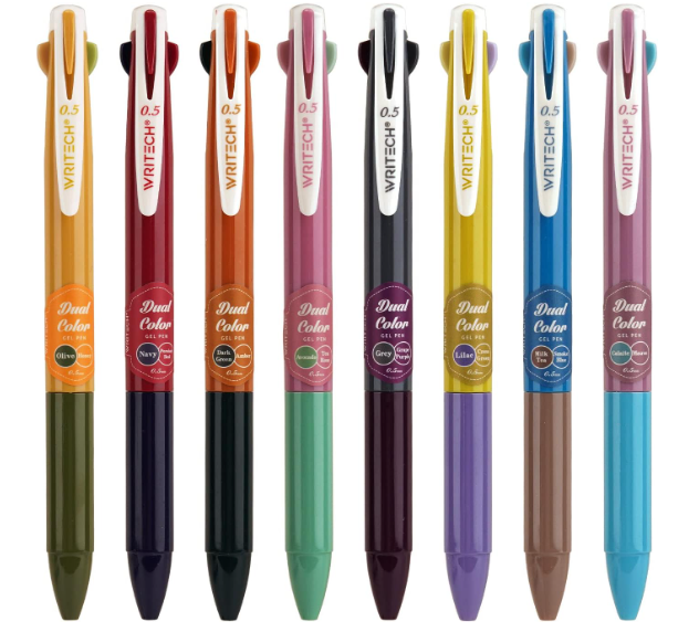 WRITECH Retractable Gel Ink Pens: Multi Colored 2 in 1 Colorful Click Pen Assorted Color 8ct Extra Fine Point Tip 0.5mm Journaling Smooth Writing Note Taking Coloring No Bleed & Smear Smudge