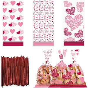 Hying 150 PCS Happy Valentine's Day Cellophane Bags with Twist Ties for Gifts, Red Pink Candy Bag Heart Cello Treat Bages Valentines Treat Bags for Cookie Candy Goodies Wrapping Supplies