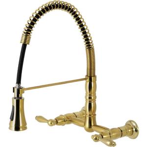 Kingston Brass GS1247AL Heritage Two-Handle Wall-Mount Pull-Down Sprayer Kitchen Faucet, 14.13 x 13.13 x 16, Brushed Brass