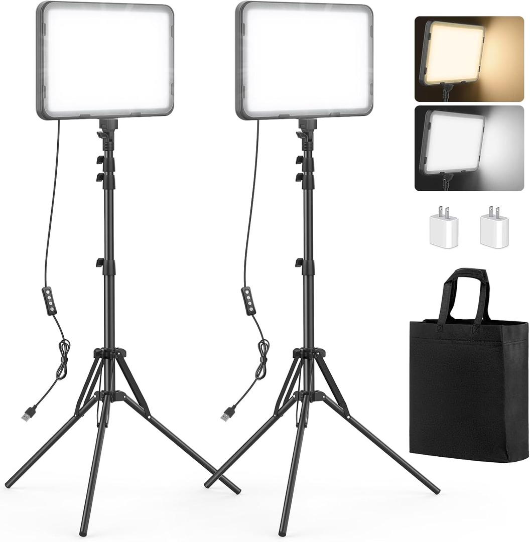 2 Pack LED Video Light with 63'' Tripod Stand, Kmasic 2500-8500K Dimmable Photography Lighting Kit,15W Soft Studio Lighting for Video Recording/Filming/Game Streaming/YouTube/Podcast, USB Charger