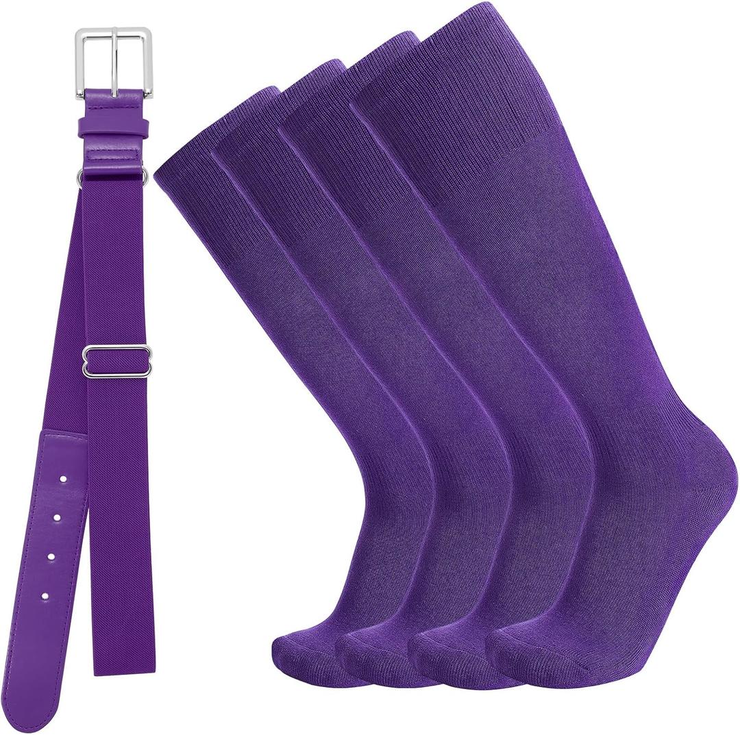 Baseball Socks and Belt Combo for Youth Adult - Softball Sock and Belt for Boys and Girls (2 Pairs of Socks & 1 Belt) (Small, Purple)