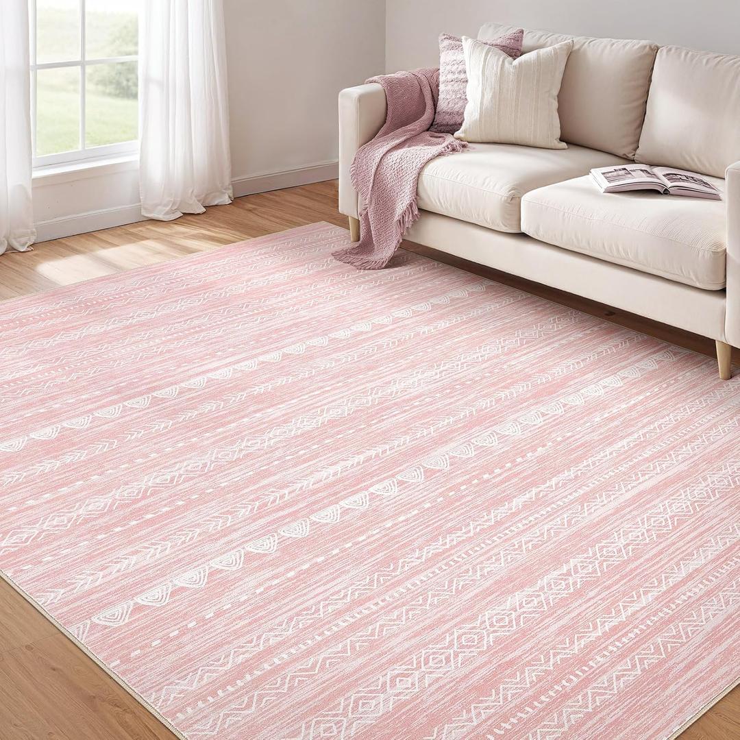 Nakagishi Pink Rugs for Bedroom Girls: 6x9 Washable Boho Large Neutral Cute Soft Area Rug Modern Indoor Floor Non Slip Accent Carpet for Living Room Nursery Kids Playroom Preppy Room Dorm Baby Room