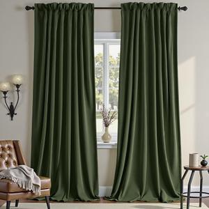 Nemia Olive Green Velvet Curtains Blackout Thermal Insulated Curtain for Bedroom Window Living Room Darkening Luxury Vintage 96 Inches Long Heavy Drapes Panels Rod Pocket Set of 2