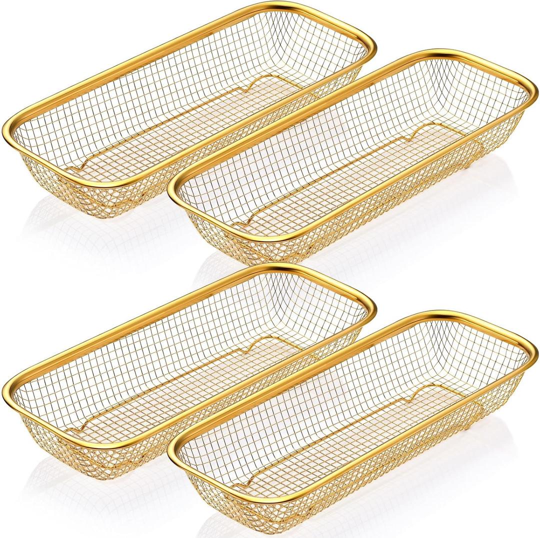 4 Pcs Gold Kitchen Drawer Baskets Stainless Steel Storage Container Mesh Storage Golden Utensil Holder Wire Basket Stackable Drying, 12 x 5 x 2 Inch