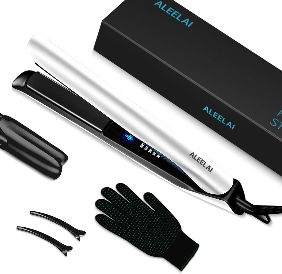 Flat Iron Hair Straightener and Curler 2 in 1 Plancha de Cabello with 3D Floating Plates, Smart Temperature Control, MCH Heating, Dual Voltage 100V-240V & 360 Rotatable Extra-Long Cord (White)