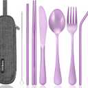 Portable Stainless Steel Flatware Set, Travel Camping Cutlery Set, Portable Utensil Travel Silverware Dinnerware Set with a Waterproof Case (Light Purple)