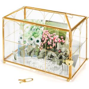 Okllen Glass Card Box with Slot, Large Gold Clear Card Box for Wedding Receptions, Decorative Storage Box with Lock for Baby Shower, Birthday Party, Bridal Shower