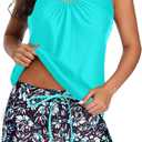 Aqua Eve Two Piece Women's Tankini Swimsuits Blouson Swim Tank Top with Shorts Modest Bathing Suits (Blue Green Flower) (28 Plus)