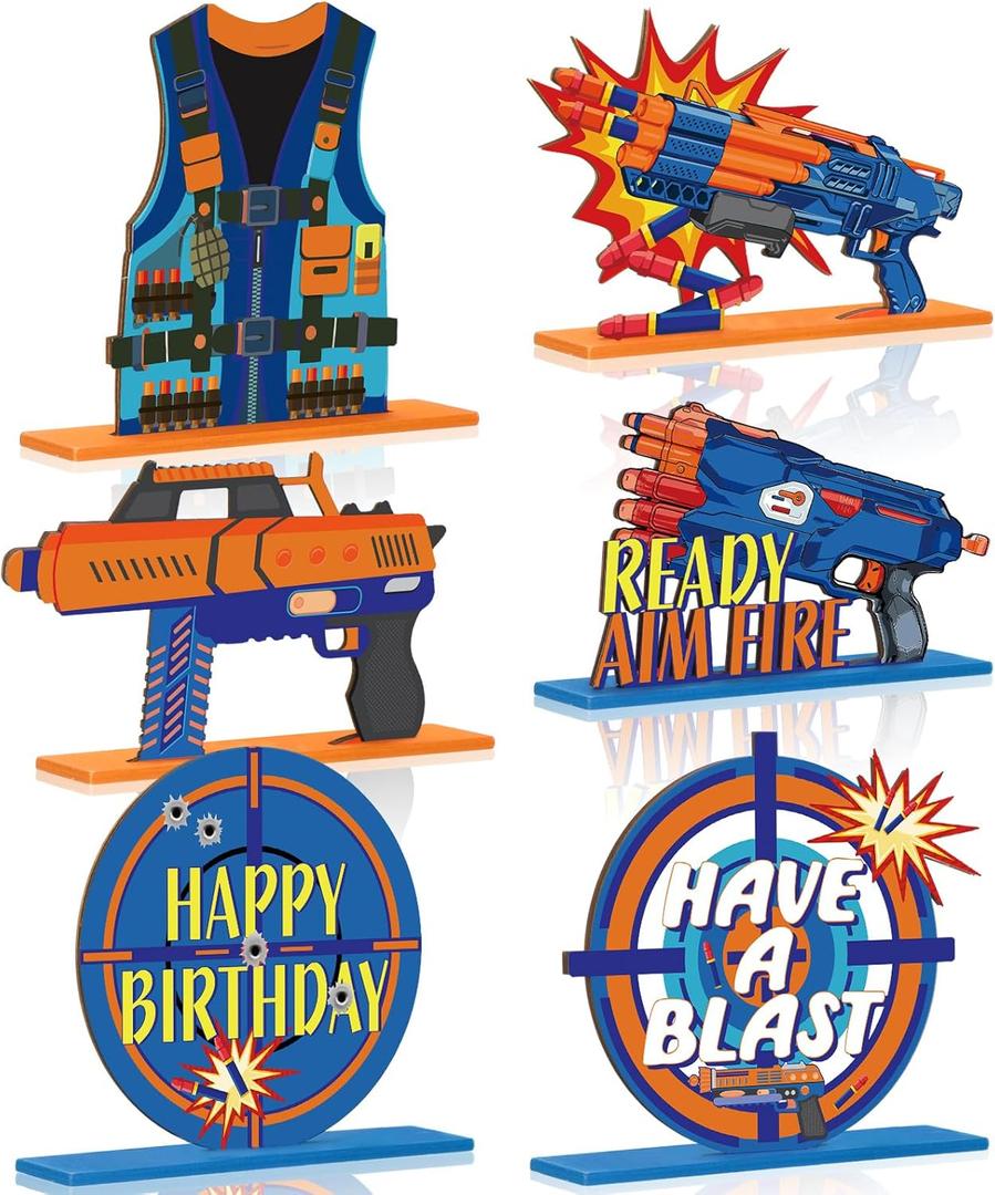 6 Pieces Dart Battle Party Decorations Dart Battle Wooden Table Centerpieces Birthday Party Table Toppers Double Decorations Blaster Theme Supplies (War, Fresh Color)