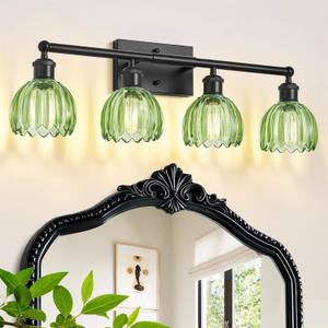 Vanity Lighting Fixtures,4 Light Bathroom Vanity Light,Black Bathroom Light Fixtures Over Mirror,27.2 in Vintage Sconce with Green Tulip Glass Shade for Bedroom,Dressing Table, E26 Base